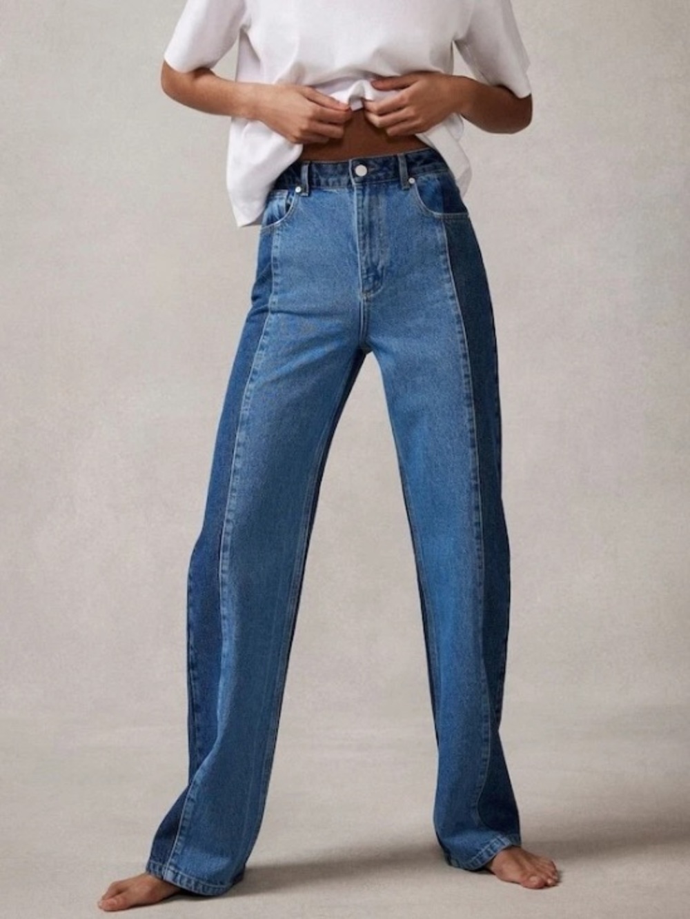 Two-Tone High-Rise Wide-Leg Jeans - Blue